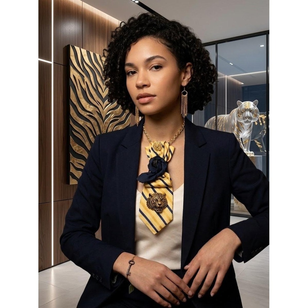 Tommy Hilfiger Silk Tiger Statement Necklace Earring Bracelet Set Yellow Navy